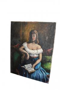 French oil on canvas by Auguste Durand-Rosé – Portrait of a lady with a book (First half of the 20th century)